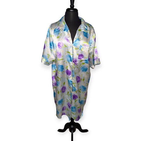 Women's Floral Satin Short Sleeve Button Front Night Gown Size XL - Picture 1 of 11